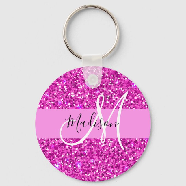 Glam Pink & Magenta Glitter Sparkle Monogram Name Keychain (Front)