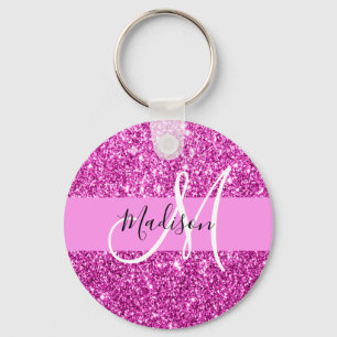 Glam Pink & Magenta Glitter Sparkle Monogram Name Keychain