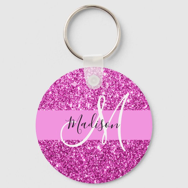 Glam Pink & Magenta Glitter Sparkle Monogram Name Keychain (Front)