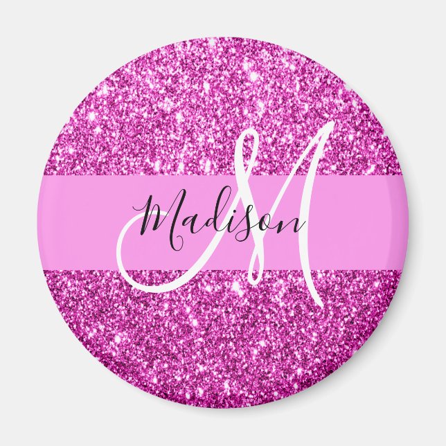 Glam Pink & Magenta Glitter Sparkle Monogram Name Magnet (Front)