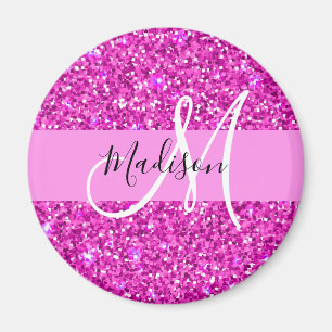 Glam Pink & Magenta Glitter Sparkle Monogram Name Magnet
