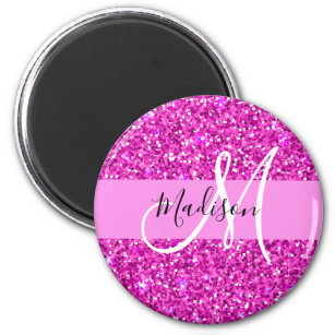Glam Pink & Magenta Glitter Sparkle Monogram Name Magnet