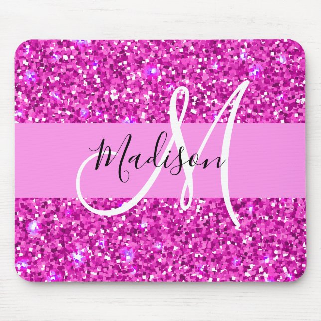 Glam Pink & Magenta Glitter Sparkle Monogram Name Mouse Pad (Front)