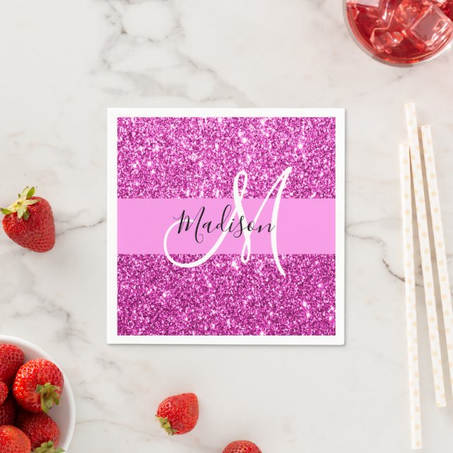 Glam Pink & Magenta Glitter Sparkle Monogram Name Napkin (Insitu)