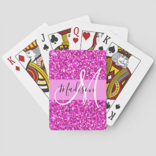 Glam Pink & Magenta Glitter Sparkle Monogram Name Playing Cards