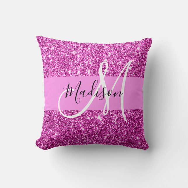 Glam Pink & Magenta Glitter Sparkle Monogram Name Throw Pillow (Front)