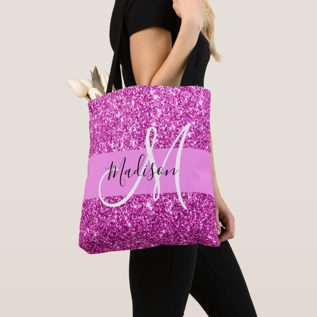 Glam Pink & Magenta Glitter Sparkle Monogram Name Tote Bag (Close Up)