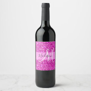Glam Pink & Magenta Glitter Sparkle Monogram Name Wine Label