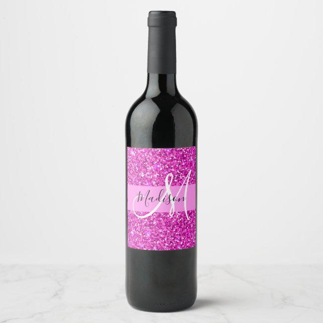 Glam Pink & Magenta Glitter Sparkle Monogram Name Wine Label (Front)