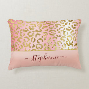 Glam Pink Ombre Gold Leopard Pattern Personalized Accent Pillow