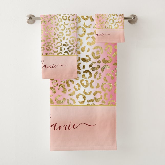 Glam Pink Ombre Gold Leopard Pattern Personalized Bath Towel Set (Insitu)