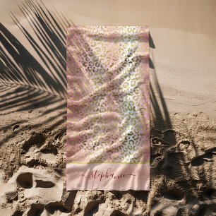 Glam Pink Ombre Gold Leopard Pattern Personalized Beach Towel