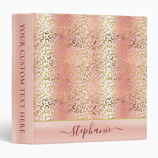 Glam Pink Ombre Gold Leopard Pattern Personalized Binder (Front/Spine)