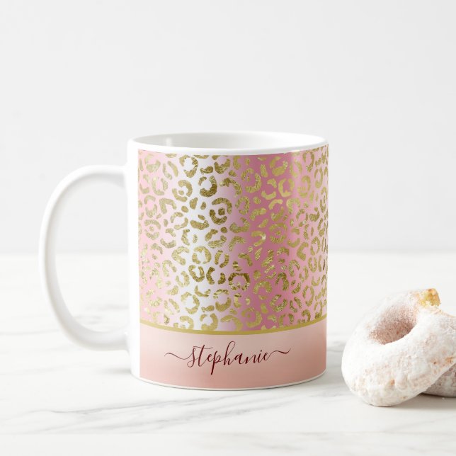 Glam Pink Ombre Gold Leopard Pattern Personalized Coffee Mug (With Donut)