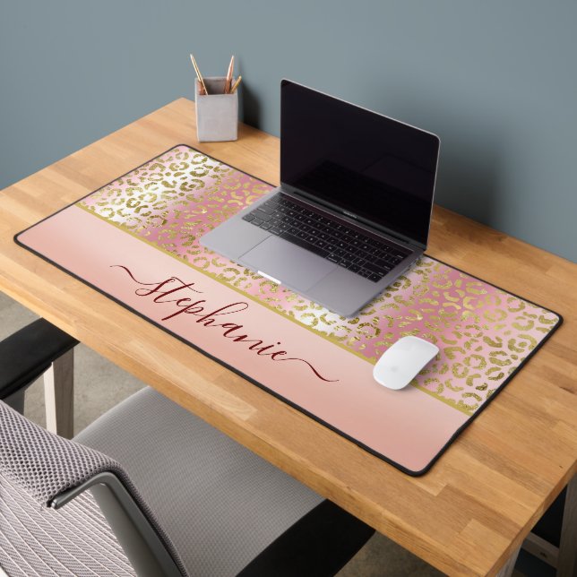 Glam Pink Ombre Gold Leopard Pattern Personalized Desk Mat (Office 2)