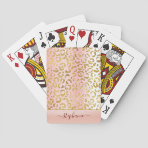 Glam Pink Ombre Gold Leopard Pattern Personalized Playing Cards