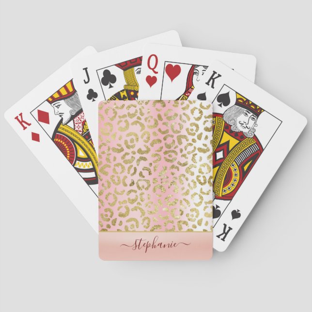 Glam Pink Ombre Gold Leopard Pattern Personalized Playing Cards (Back)