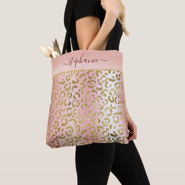 Glam Pink Ombre Gold Leopard Pattern Personalized Tote Bag (Close Up)