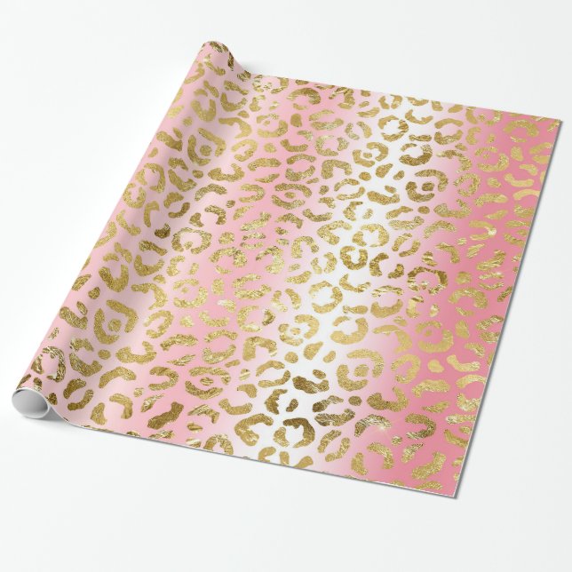Glam Pink Ombre Gold Leopard Pattern Wrapping Paper (Unrolled)