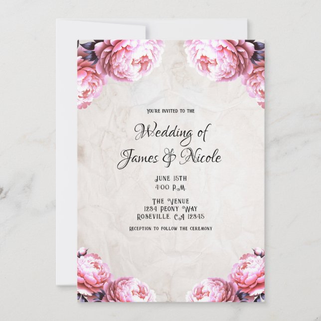 Glam Pink Peony Flowers Vintage Rustic Wedding  Invitation (Front)