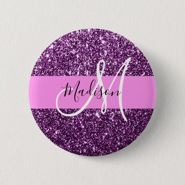 Glam Pink & Purple Glitter Sparkles Monogram Name 2 Inch Round Button (Front)