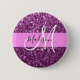 Glam Pink & Purple Glitter Sparkles Monogram Name 2 Inch Round Button