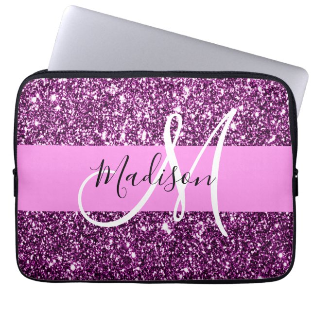 Glam Pink & Purple Glitter Sparkles Monogram Name Laptop Sleeve (Front)