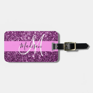 Glam Pink & Purple Glitter Sparkles Monogram Name Luggage Tag