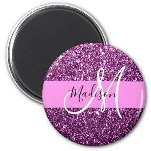 Glam Pink & Purple Glitter Sparkles Monogram Name Magnet