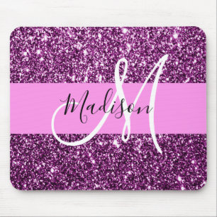 Glam Pink & Purple Glitter Sparkles Monogram Name Mouse Pad