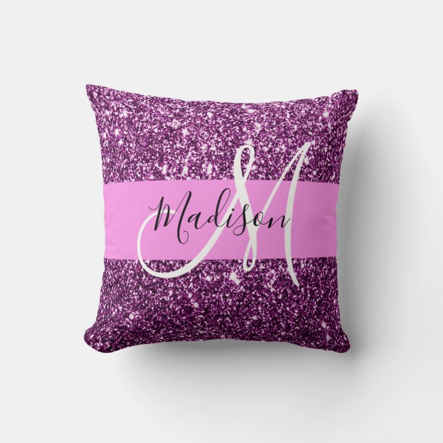 Glam Pink & Purple Glitter Sparkles Monogram Name Throw Pillow (Front)