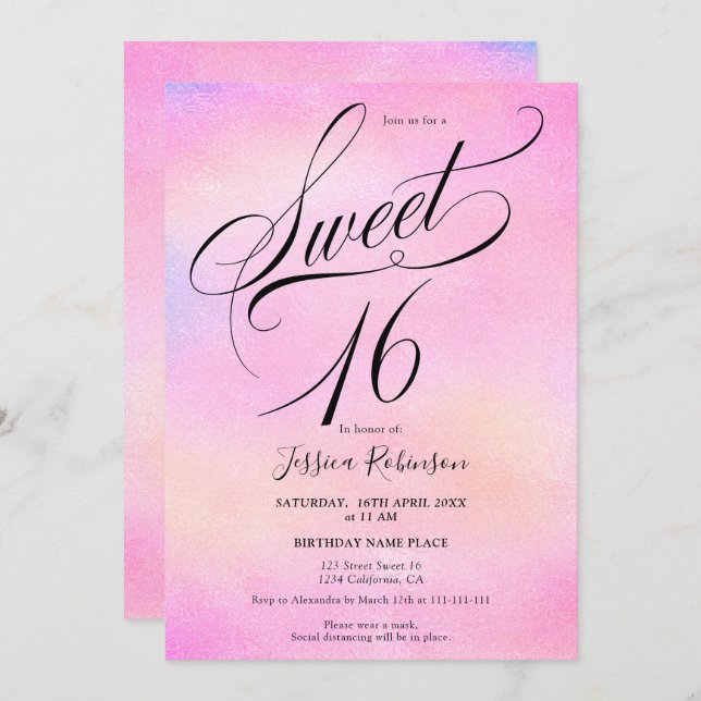 Glam pink rainbow holographic script chic Sweet 16 Invitation (Front/Back)