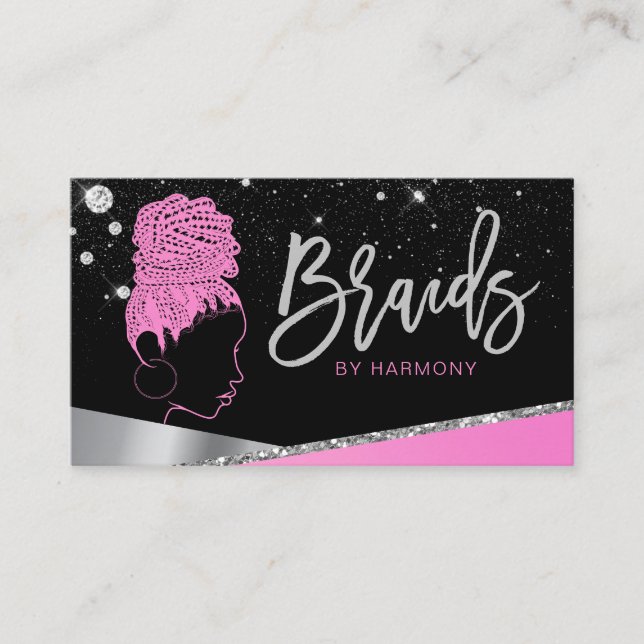 Glam Pink Silver Glitter Diamonds Hair Braiding Business Card (Front)