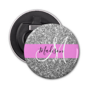 Glam Pink & Silver Glitter Sparkles Monogram Name Bottle Opener