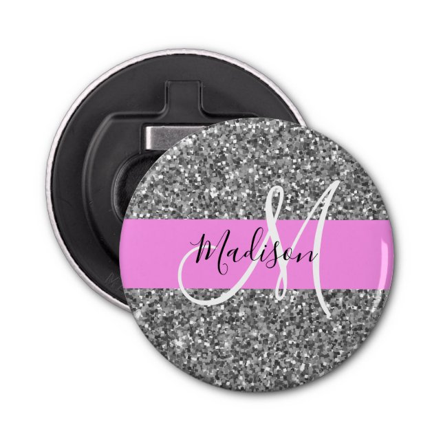 Glam Pink & Silver Glitter Sparkles Monogram Name Bottle Opener (Front)