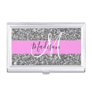 Glam Pink & Silver Glitter Sparkles Monogram Name Business Card Holder