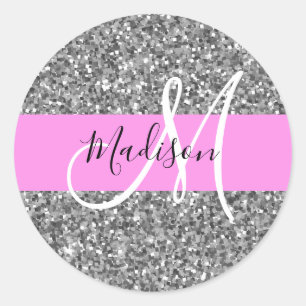 Glam Pink & Silver Glitter Sparkles Monogram Name Classic Round Sticker