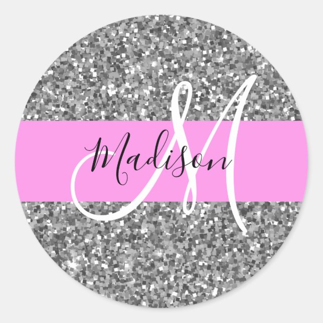 Glam Pink & Silver Glitter Sparkles Monogram Name Classic Round Sticker (Front)