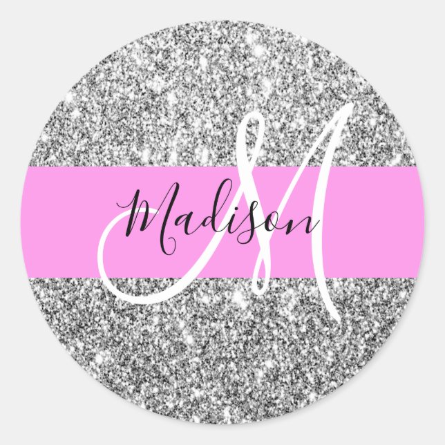 Glam Pink & Silver Glitter Sparkles Monogram Name Classic Round Sticker (Front)