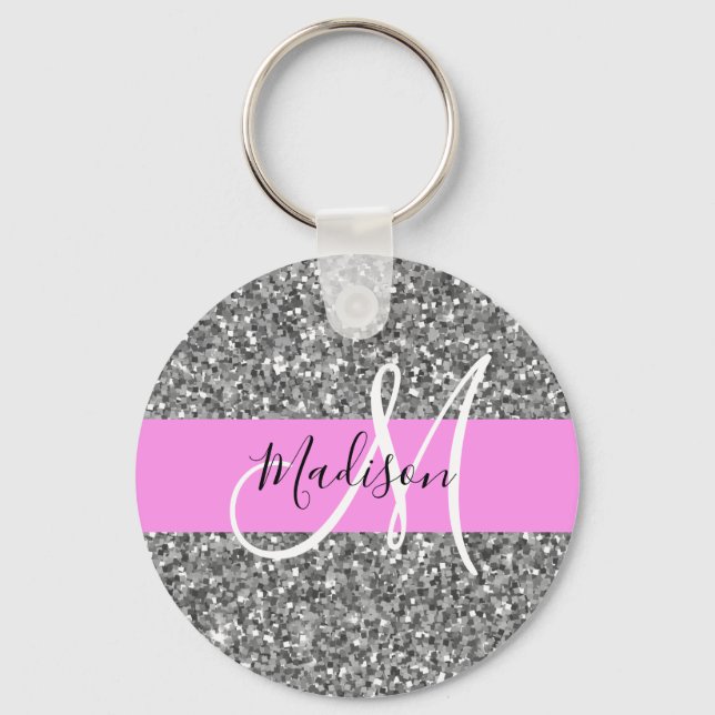 Glam Pink & Silver Glitter Sparkles Monogram Name Keychain (Front)