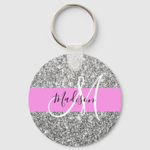 Glam Pink & Silver Glitter Sparkles Monogram Name Keychain