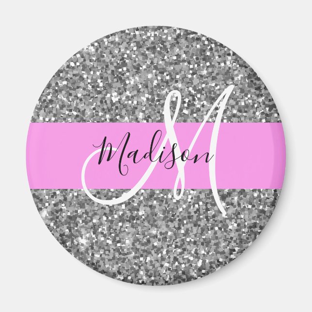 Glam Pink & Silver Glitter Sparkles Monogram Name Magnet (Front)