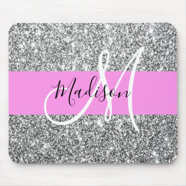 Glam Pink & Silver Glitter Sparkles Monogram Name Mouse Pad (Front)