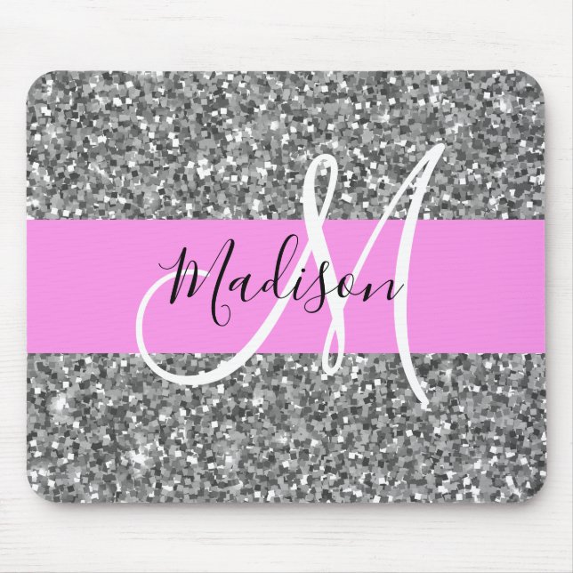 Glam Pink & Silver Glitter Sparkles Monogram Name Mouse Pad (Front)