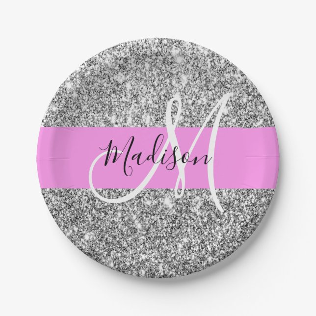 Glam Pink & Silver Glitter Sparkles Monogram Name Paper Plate (Front)