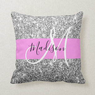 Glam Pink & Silver Glitter Sparkles Monogram Name Throw Pillow