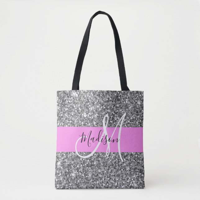 Glam Pink & Silver Glitter Sparkles Monogram Name Tote Bag (Front)