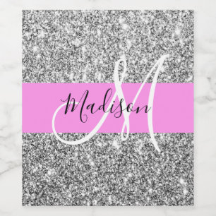 Glam Pink & Silver Glitter Sparkles Monogram Name Wine Label