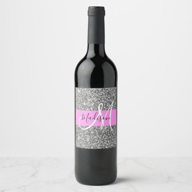 Glam Pink & Silver Glitter Sparkles Monogram Name Wine Label (Front)