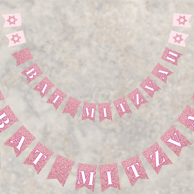 Glam Pink Sparkle Girl Chic Elegant Bat Mitzvah Bunting Flags (A set of glam pink faux glitter bunting flags to add to your Bat Mitzvah party decor)